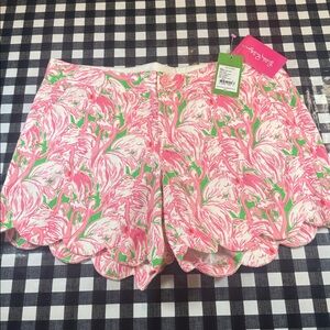 NWT Lilly Pulitzer Pink colony Flamingo Buttercup scalloped Shorts- size 8